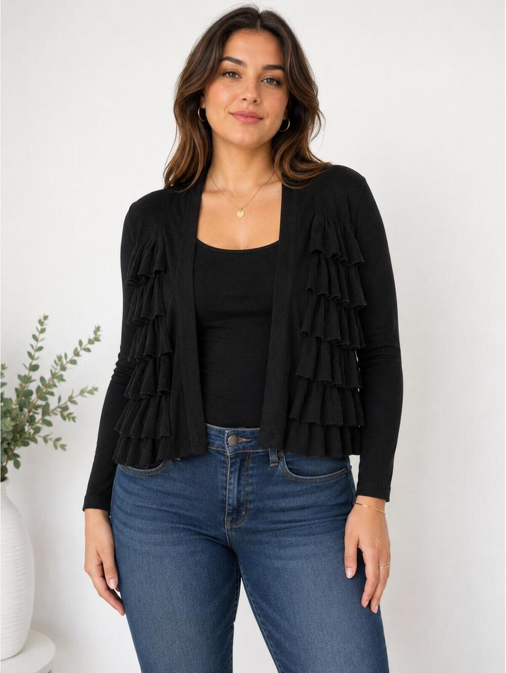 Kenneth Cole Reaction Black Ruffle Cardigan‎ Sweater | Romantic Goth Layering L